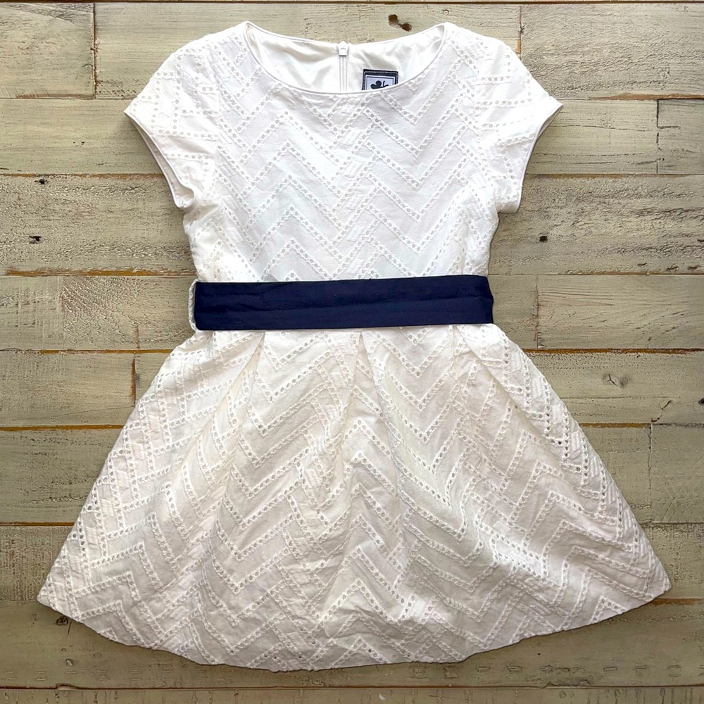 Busy Bees white embroidered eyelet 3T toddler dress w navy tie sash EUC